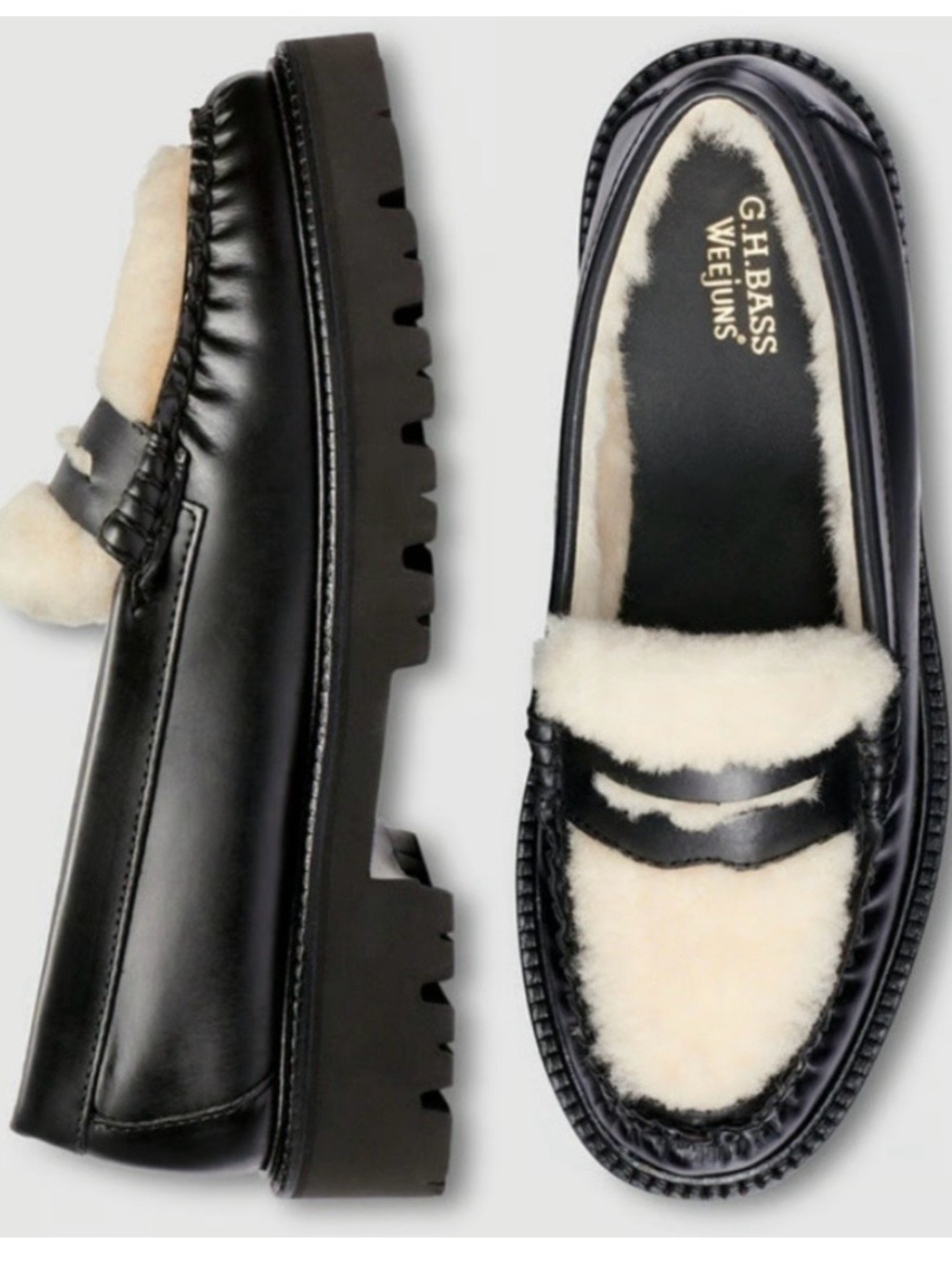 GH Bass Weejuns Whitney Cozy Lug Penny Loafers Women 7.5 Black and Cream